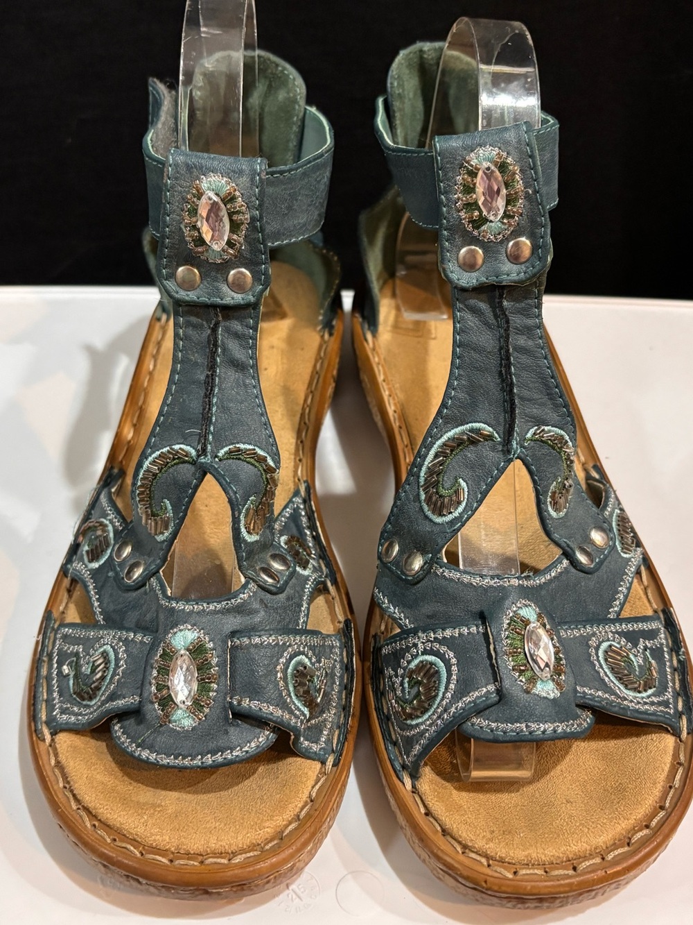 RIEKER Embellished Leather Comfort Sandal–EU 37 / US 6.5-7 – Blue Boho T-Strap - Picture 2 of 12